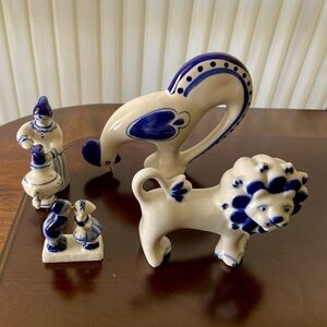 Lot of 4 Russian Gzhel Blue and White Porcelain Figurines Set Handmade in USSR